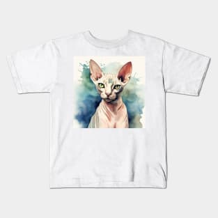 Watercolor Sphynx Cat Design on Cool Blues and Greens Kids T-Shirt
